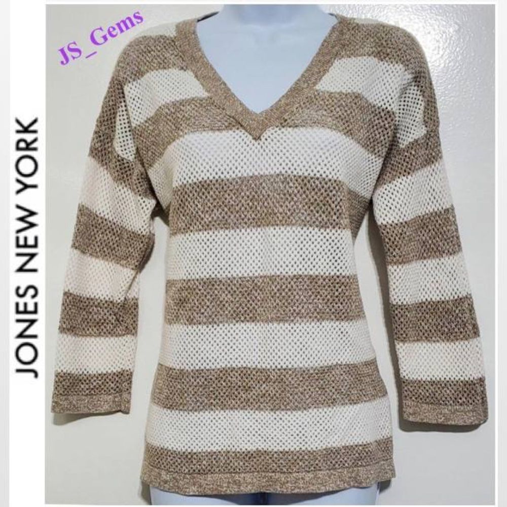 Jones New York XL Tan Striped Knit Sweater